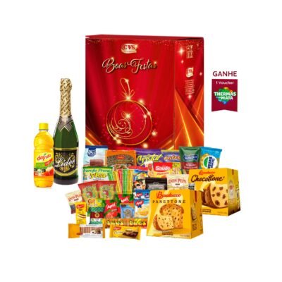 A Cesta de Natal Ágata contém 34 itens e 40 unidades, incluindo: Espumante Branco, Suco para Refresco, Panetone Bauducco de Frutas (400g) e Panetone Bauducco de Gotas de Chocolate (400g). Uma seleção perfeita para celebrar as festas com muito sabor e alegria!