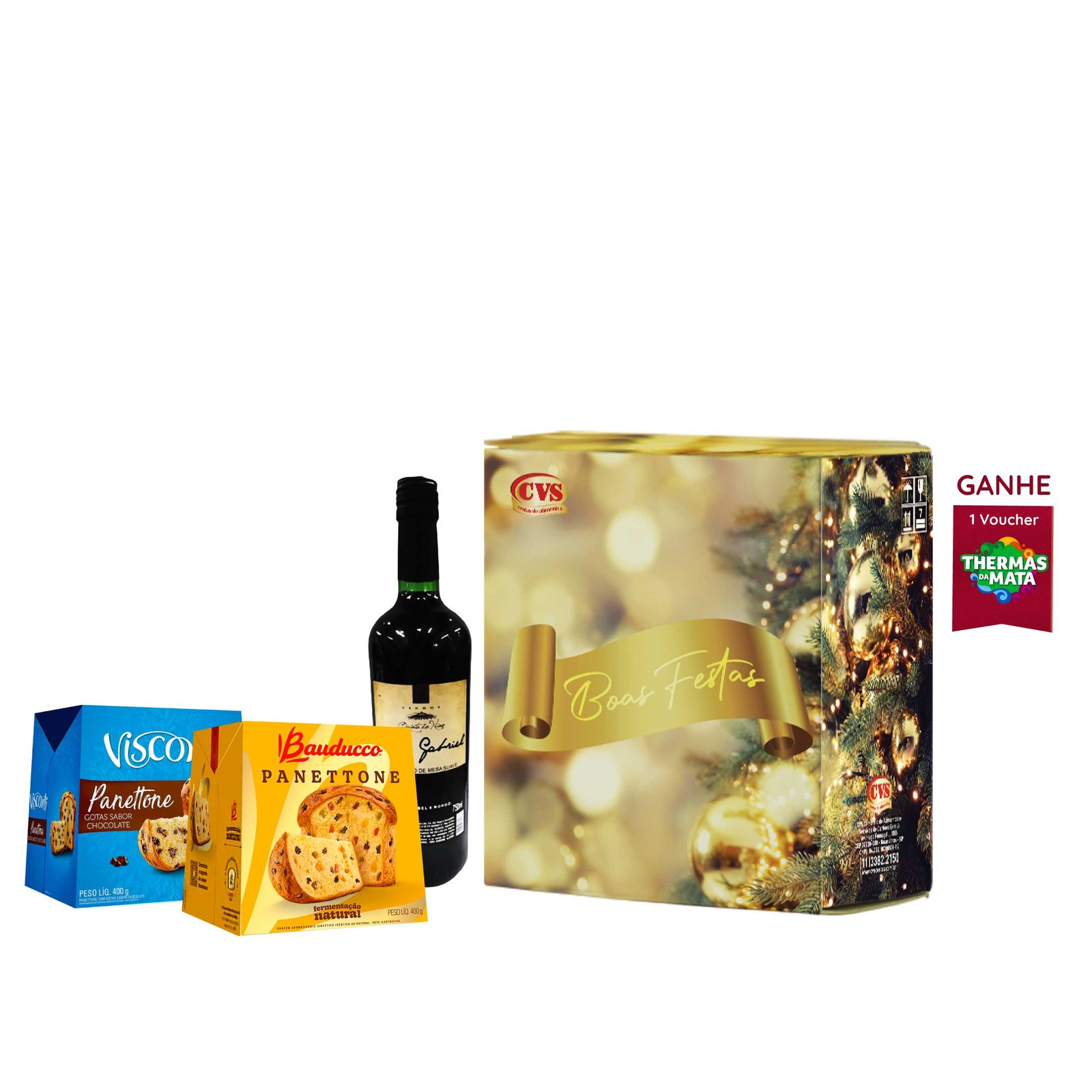 Cesta de Natal Kit Bebida + Panetone em caixa de papelão kraft decorada Com 06 itens, incluindo Panetone com frutas, Panetone gotas com sabor chocolate e muito mais produtos deliciosos. Uma seleção perfeita para celebrar as festas com muito sabor e alegria!